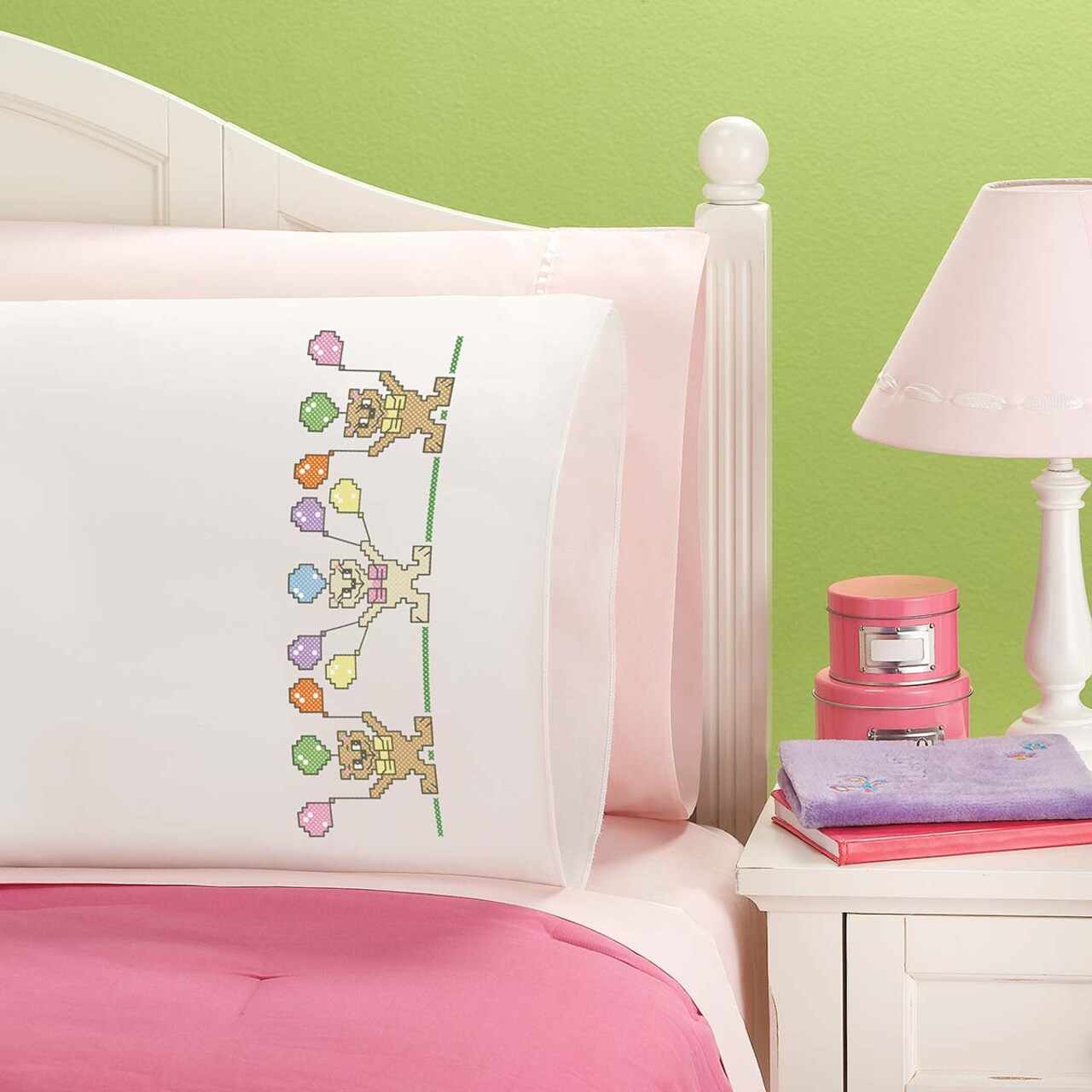 Herrschners Teddy Trio Kid's Pillowcase Stamped Cross-Stitch Kit